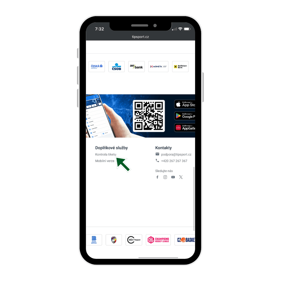 Nabídka Kontrola tiketu, která se zobrazí v&nbsp;patičce po přepnutí na Plnou verzi webu.