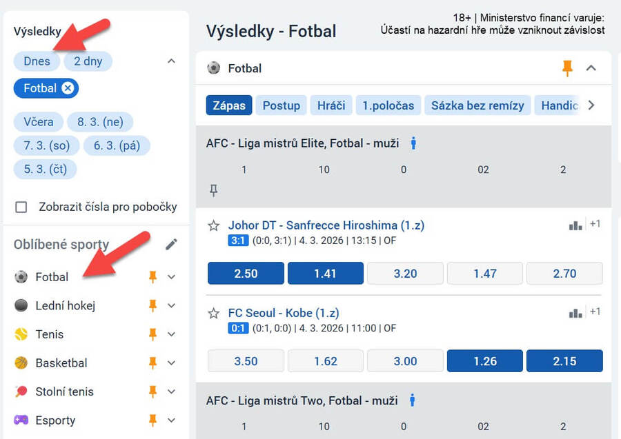 Filtry v&nbsp;sekci Tipsport výsledky