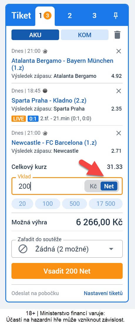 Tiket vsazený za Tipsport Nety