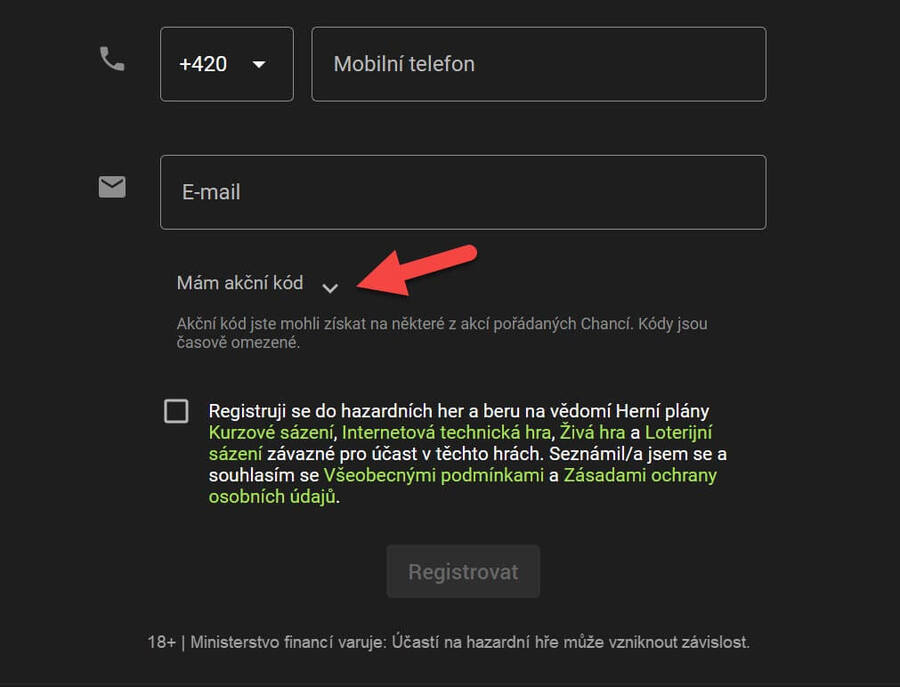Kolonka Mám akční kód Chance při registraci nového sázkaře