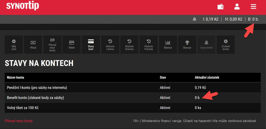 Kde najít stav SYNOT TIP Benefit bodů