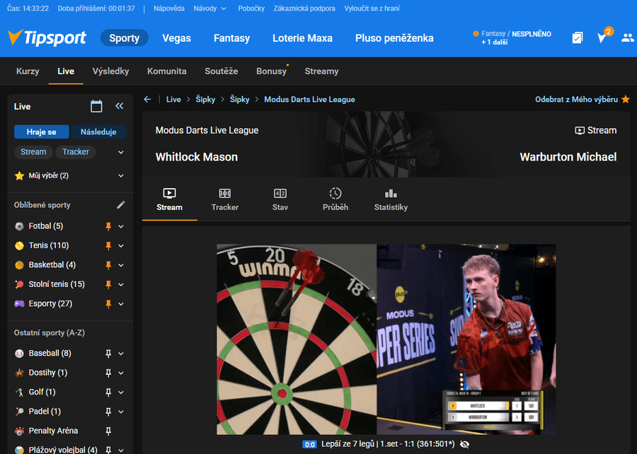 Live stream šipkařského zápasu na TV Tipsport