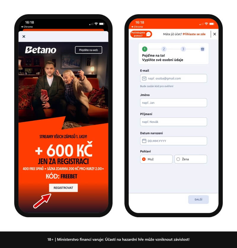 Registrace u&nbsp;Betana začíná kliknutím na tlačítko REGISTROVAT