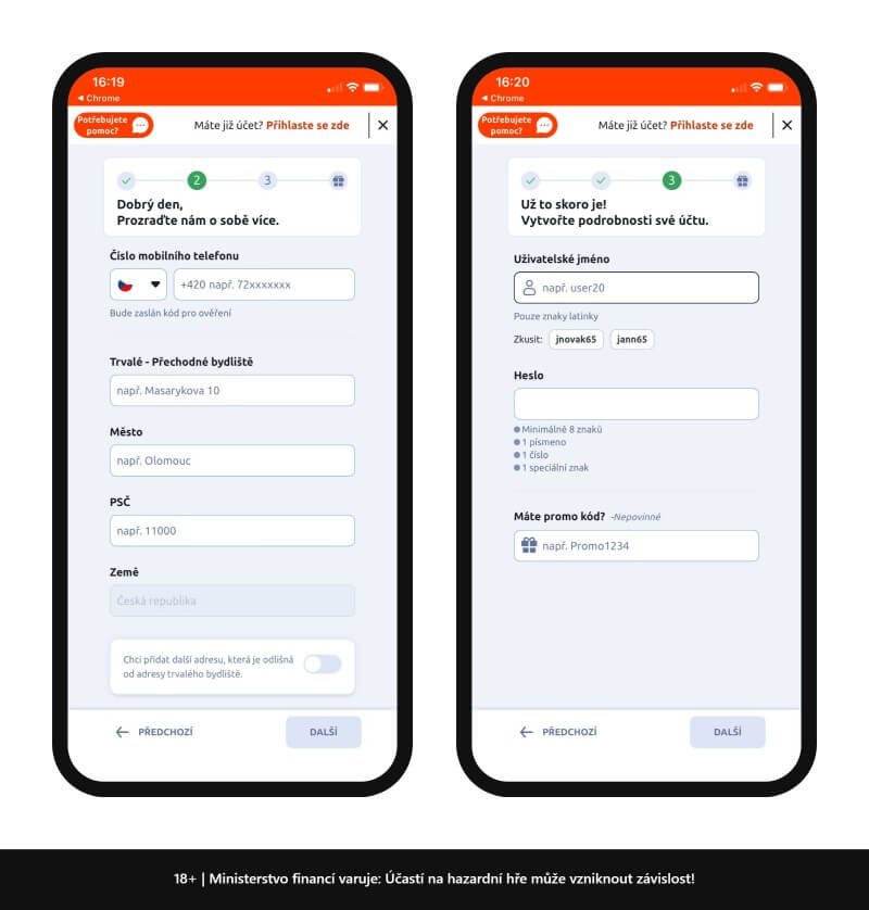 Registrační formulář během Betano registrace