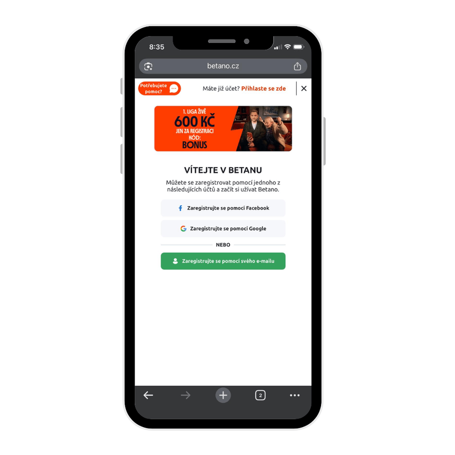 Betano registrace lze uskutečnit pomoci Gmailu, Facebooku nebo emailu