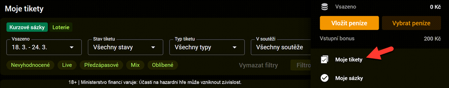 Online kontrola výsledků Chance v&nbsp;sekci Moje tikety