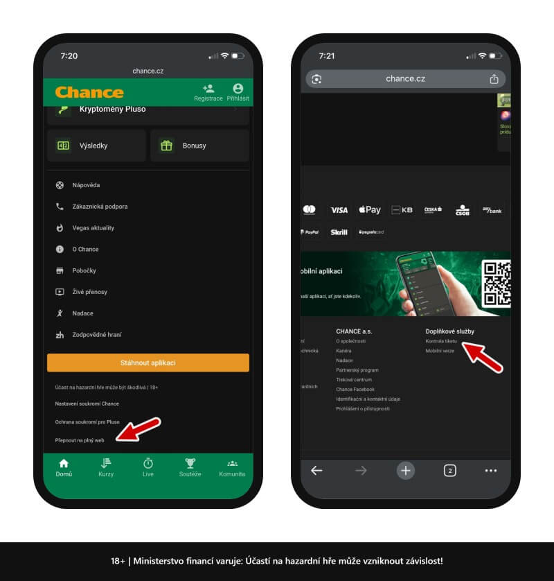 Postup kontroly tiketu u&nbsp;Chance přes mobil