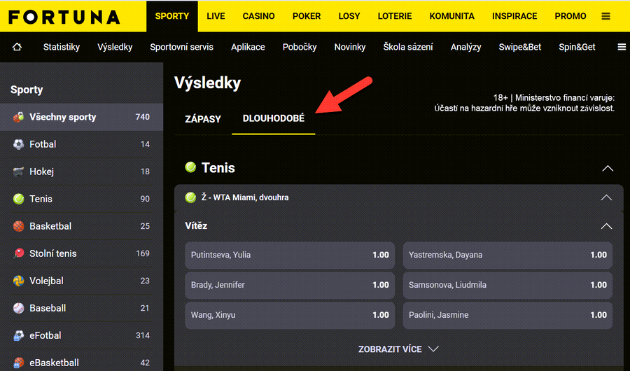 Filtr dlouhodobých a&nbsp;krátkodobých výsledků u&nbsp;Fortuny