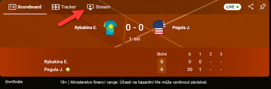 Ikona Stream v&nbsp;rozkliknutém zápase, který se vysílá na TV Fortuna