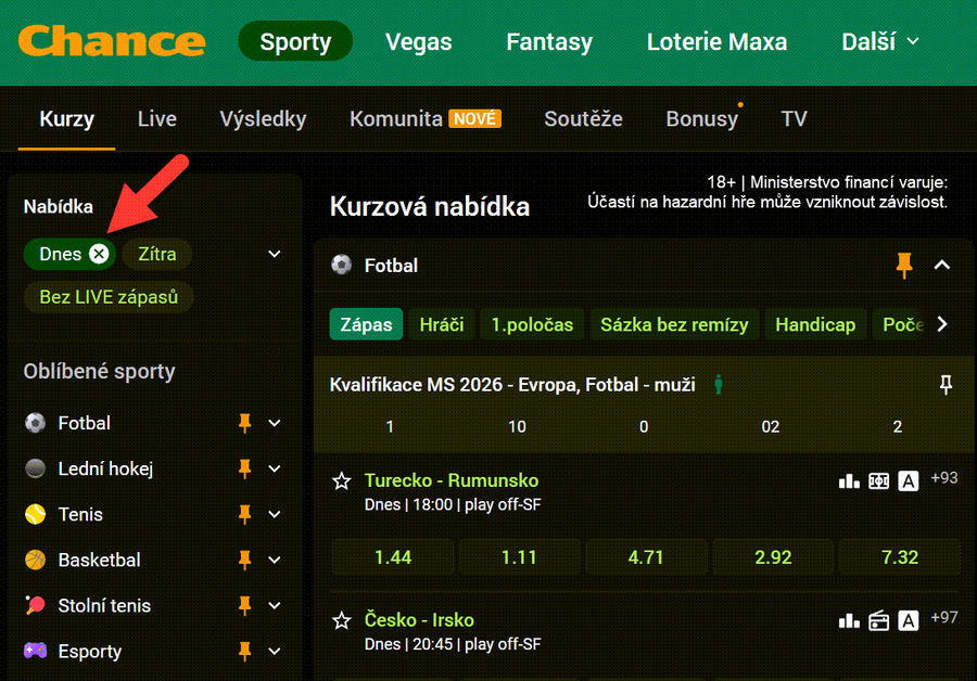 Chance kurzy dnes vyfiltrujete tlačítkem DNES