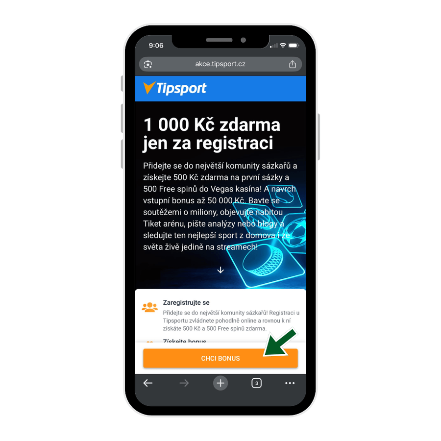 Tipsport registrace začíná kliknutím na tlačítko CHCI BONUS