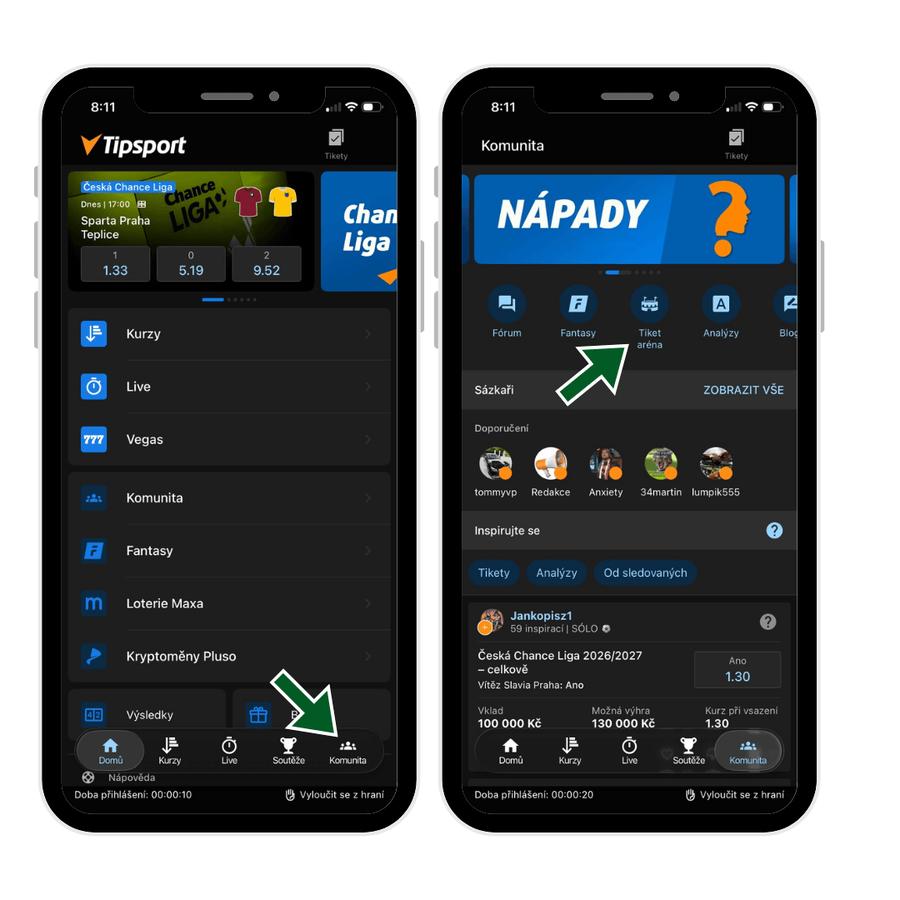 Tipsport Tiket arena naleznete pod nabídkou Komunita a&nbsp;následně rozklikněte Tiket arena