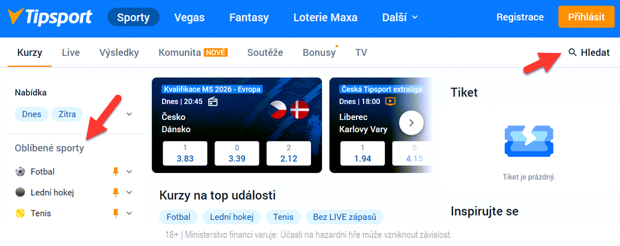 Tipsport kurzy lze dohledat dle filtrů nebo kolonky Hledat
