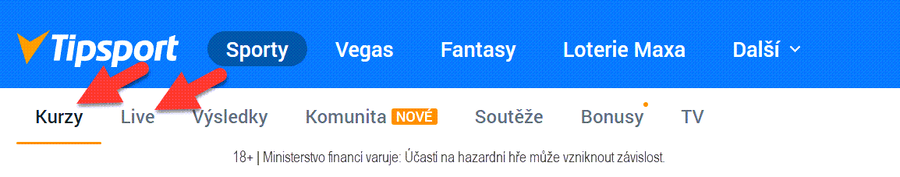 Tipsport kurzová nabídka je rozdělená na Kurzy a&nbsp;Live