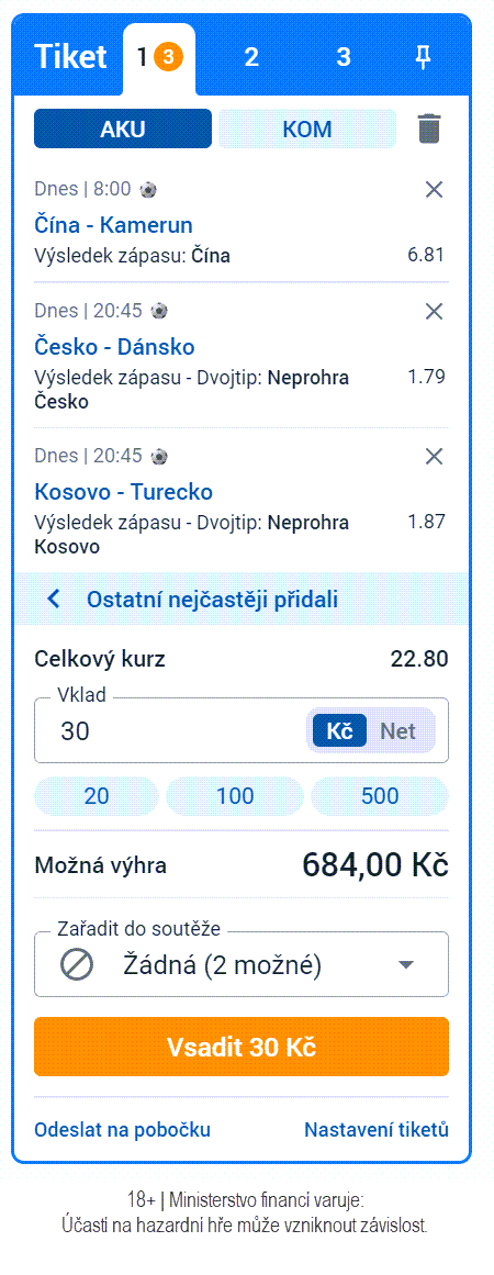 Ukázka kurzů na tiketu Tipsportu