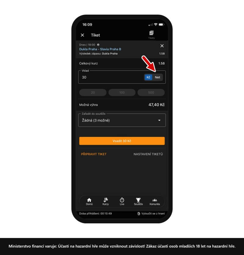 Pokud chce sázkař vsadit u&nbsp;Tipsportu za Nety, musí na tiketu překliknout z&nbsp;Kč na Net.