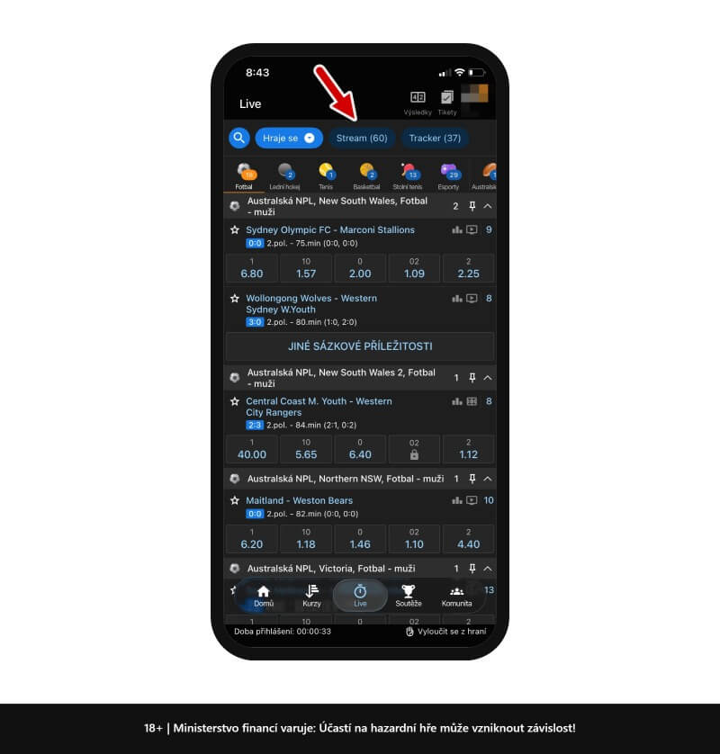 Přehled live streamů v&nbsp;Tipsport aplikaci