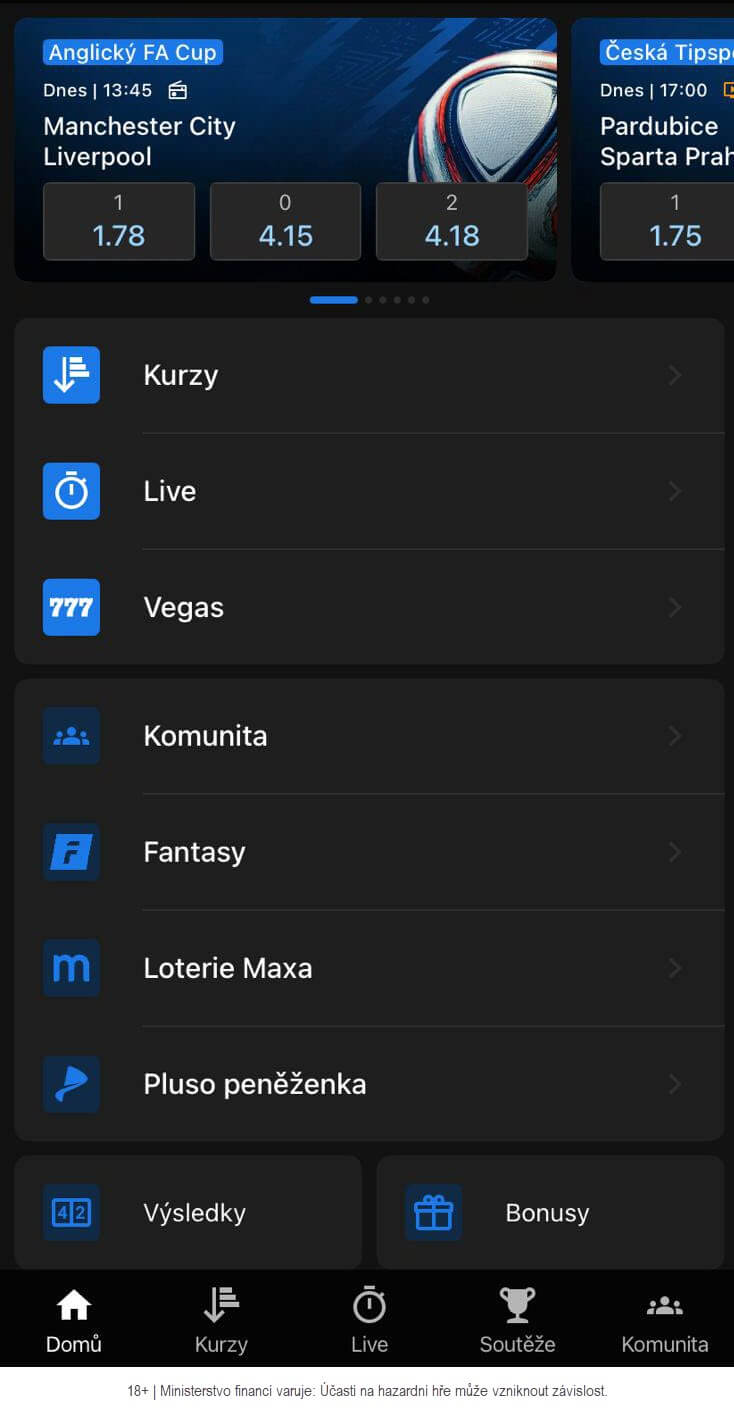 Tipsport aplikace úvodní obrazovka