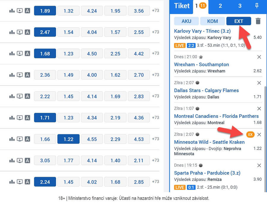 Vsazený tiket s&nbsp;aktivovanou funkcí Tipsport Extratip