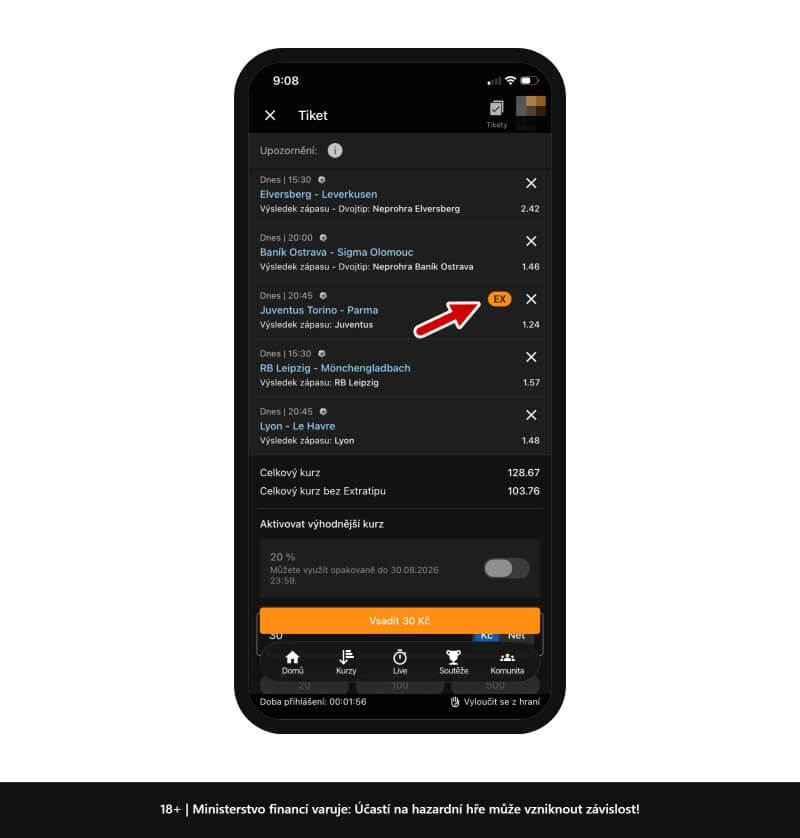 Ukázkový tiket, kde je u&nbsp;Tipsportu aktivován Extratip