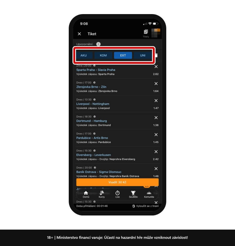 Tipsport Extratip naleznete při zadávání tiketu pod označením EXT.