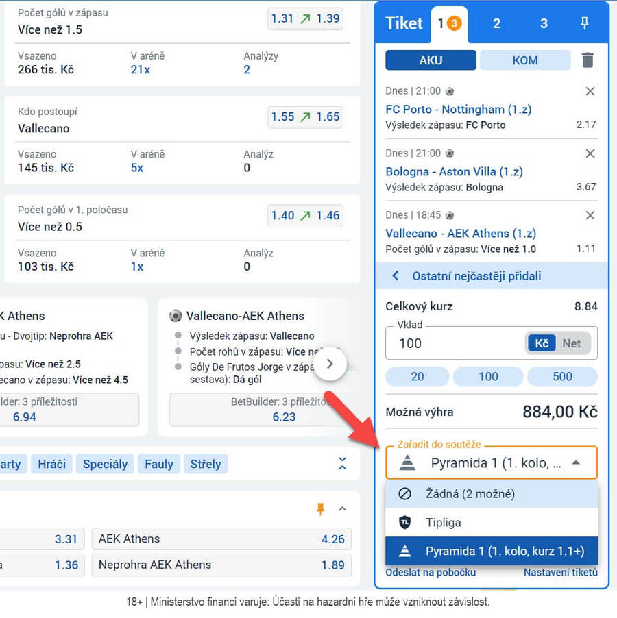 Tipsport Pyramida - zaškrtnutí při online sázení