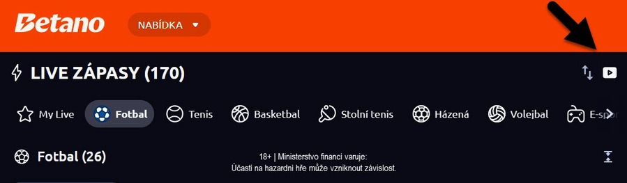 Ikona Betano TV v&nbsp;sekci Live sázení