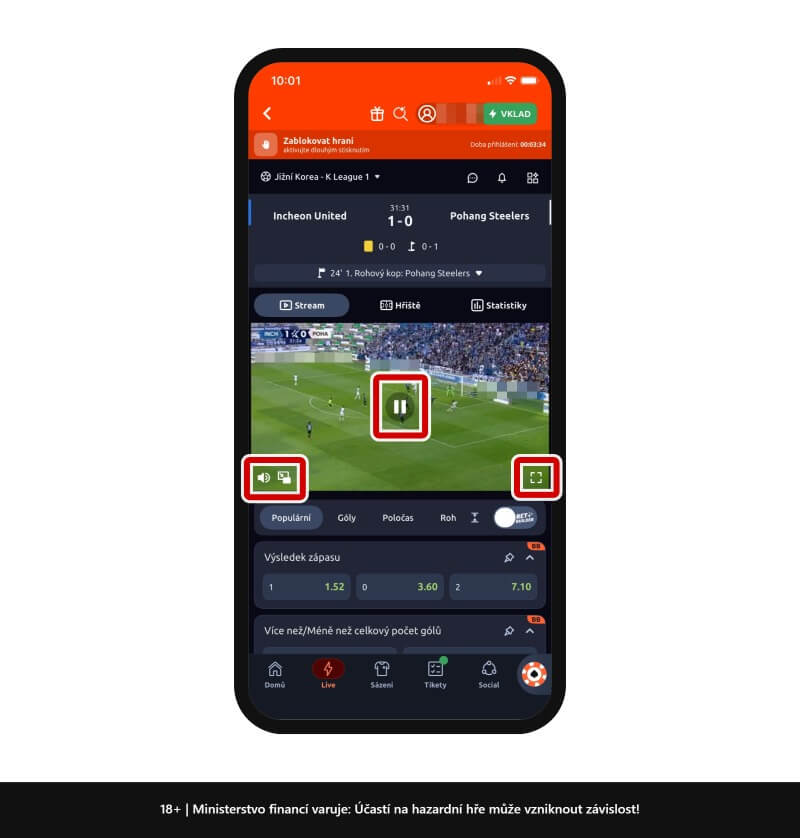 Přehled funkcí Betano TV v&nbsp;mobilní aplikaci
