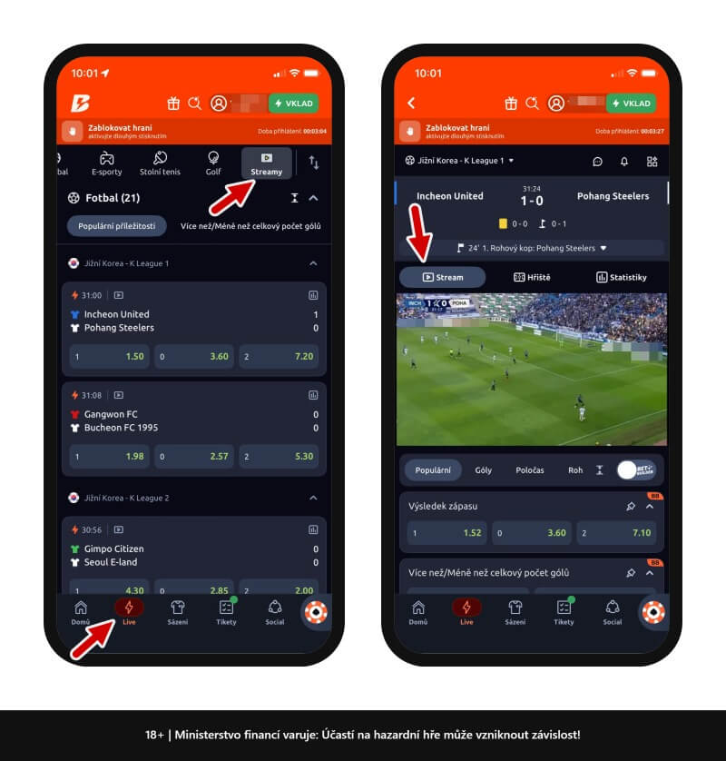 Postup spuštění live streamu na Betano TV.