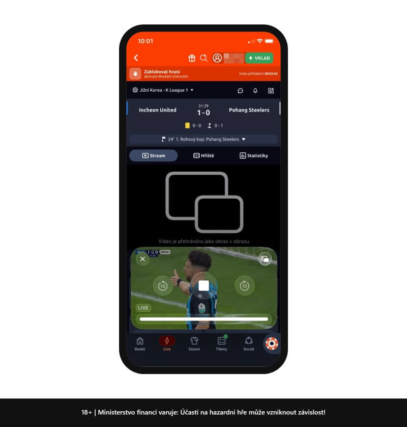 Ukázka live streamu TV Betano v&nbsp;režimu Obraz v&nbsp;obraze.