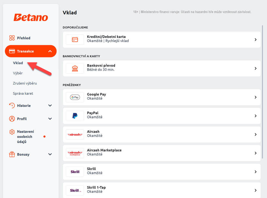 Přehled možností Betano vkladů v&nbsp;sekci Transakce