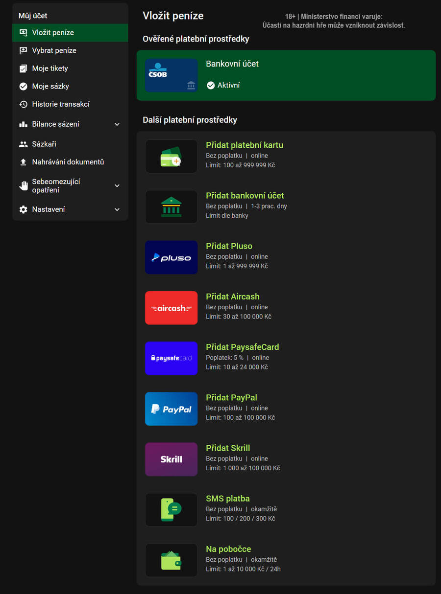 Přehled platebních metod u&nbsp;Chance s&nbsp;aktivovaným bankovním účtem