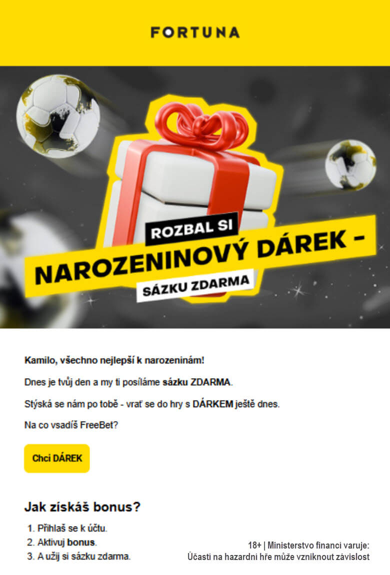 E-mail, který informuje o&nbsp;narozeninovém bonusu u&nbsp;Fortuny