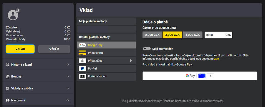Přehled Fortuna vkladů