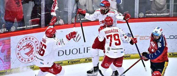 Hokejisté Třince se radují po vstřelení gólu