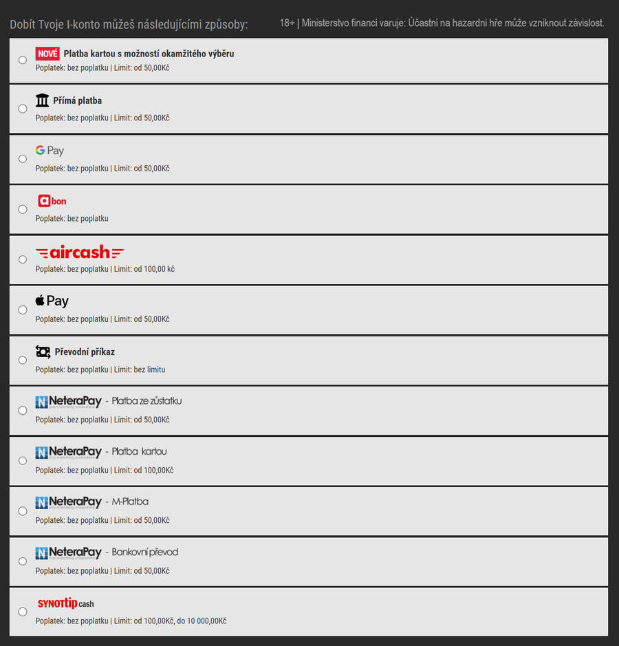 Seznam možností vkladu na SYNOT TIP