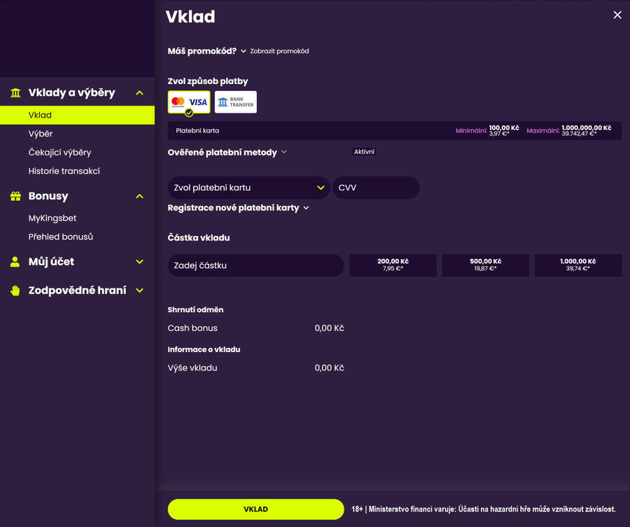 Rozhraní u&nbsp;Kingsbet, kde probíhají vklady