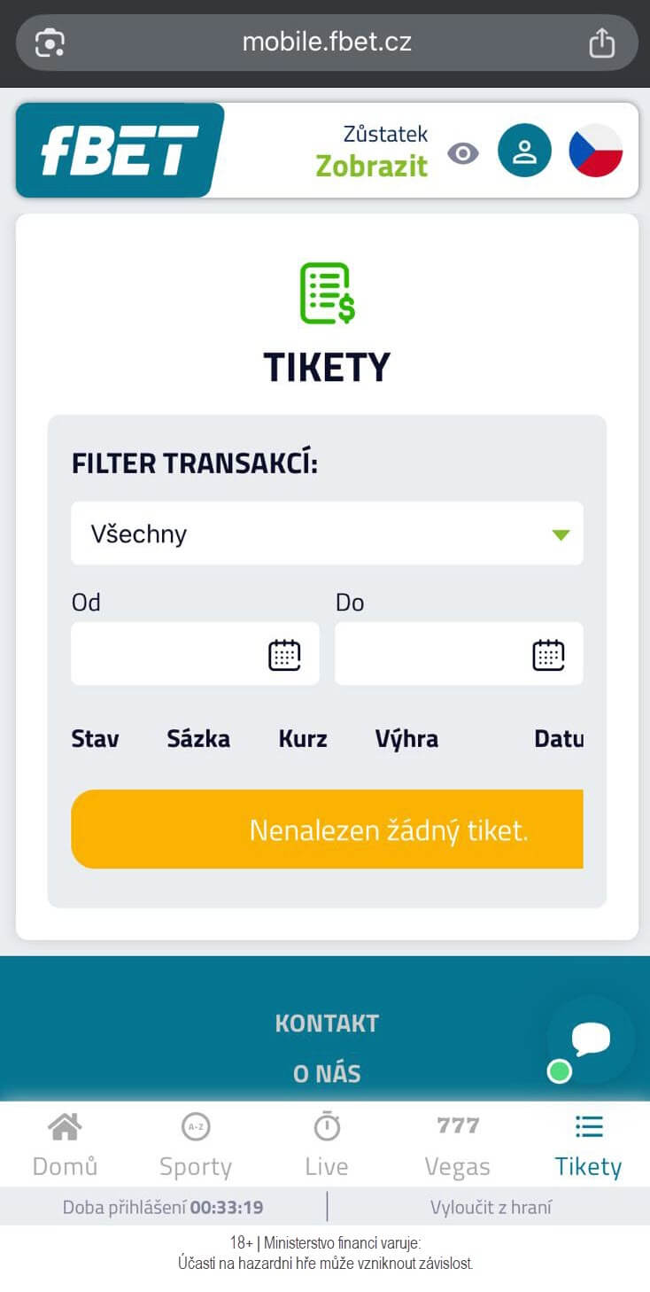 Sekce Tikety na webu fBET