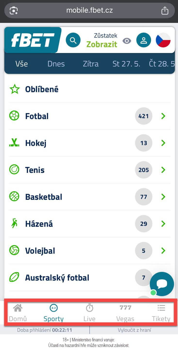 Hlavní menu v&nbsp;mobilní verzi fBETu