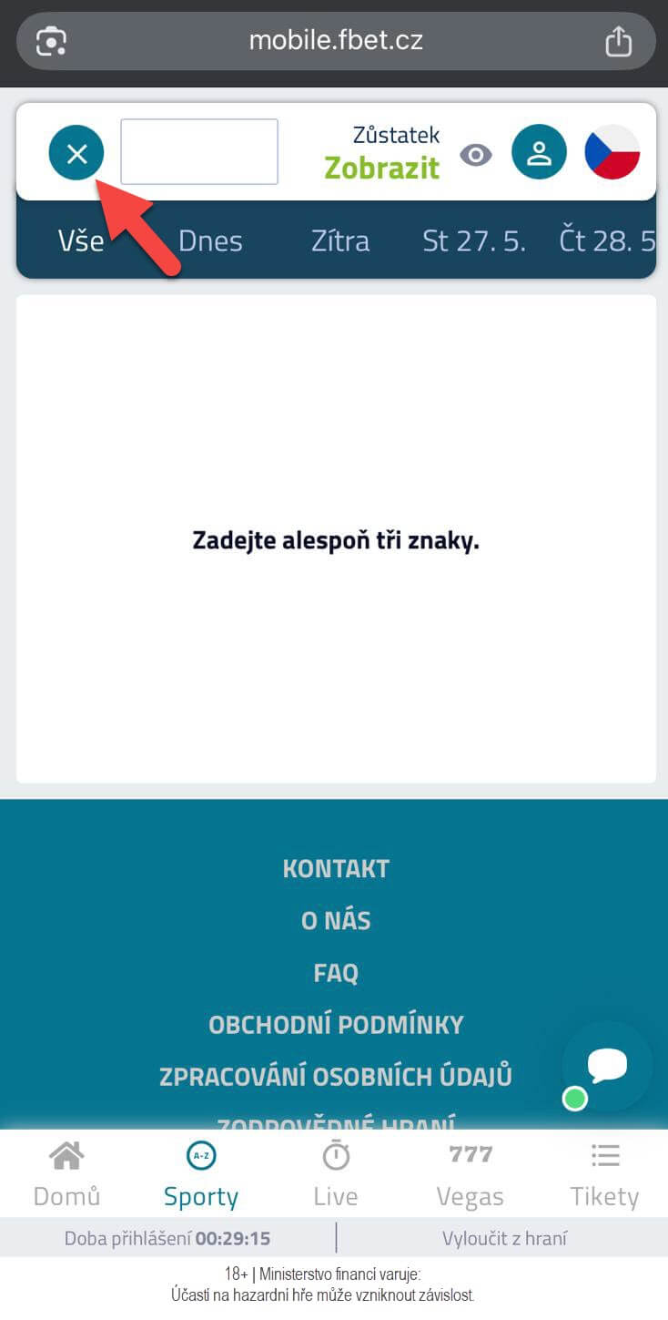 Nefunkční křížek při vyhledávání na webu fBET