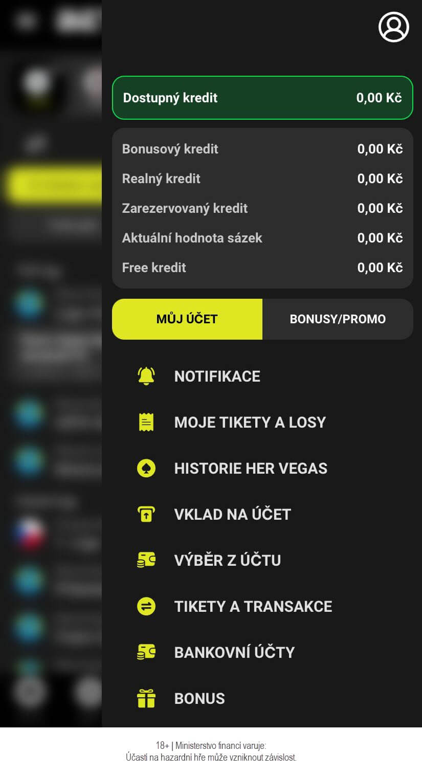 Sekce Můj účet v&nbsp;mobilním rozhraní webu BetX