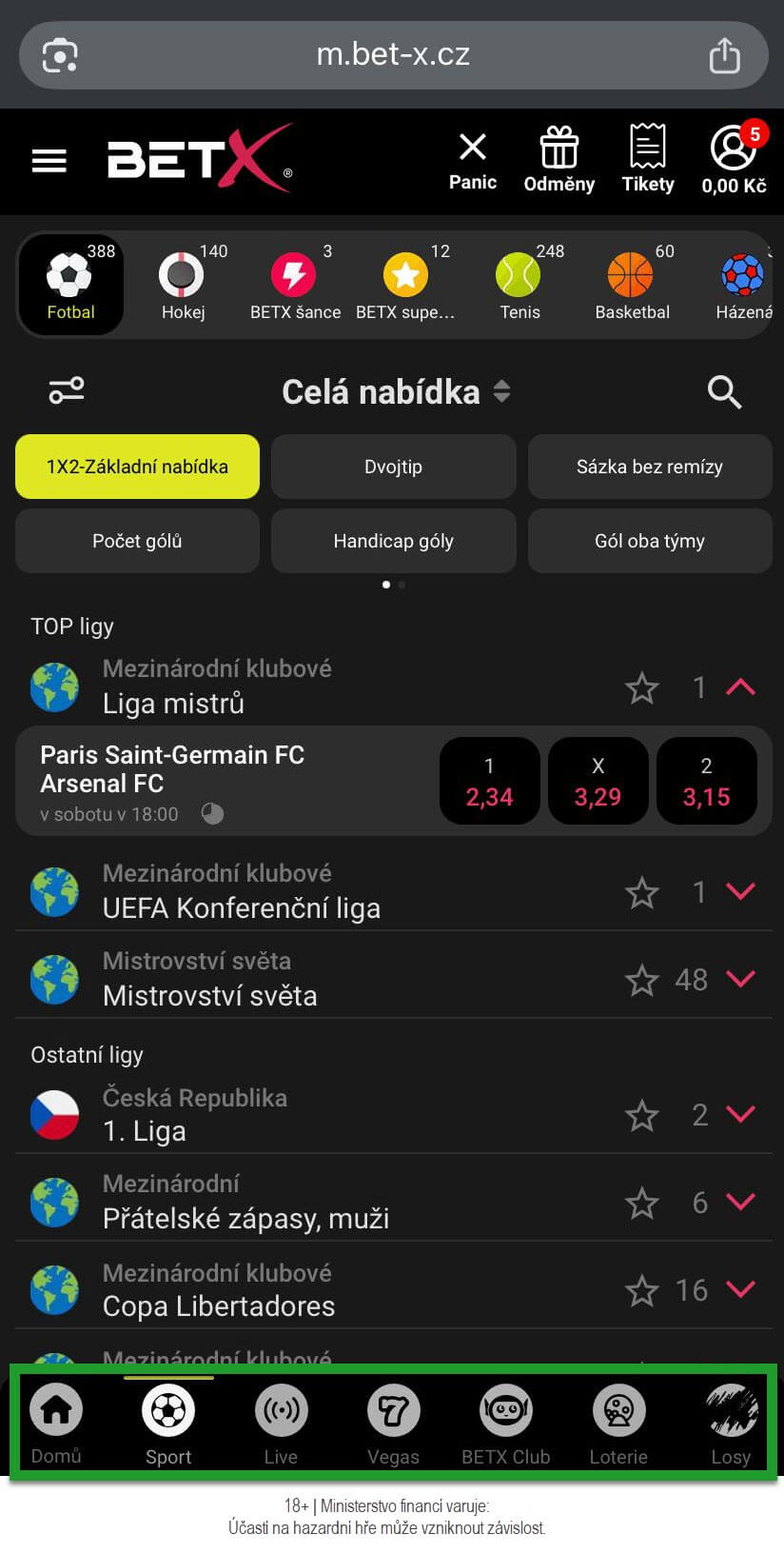 Hlavní menu v&nbsp;mobilním rozhraní webu BetX
