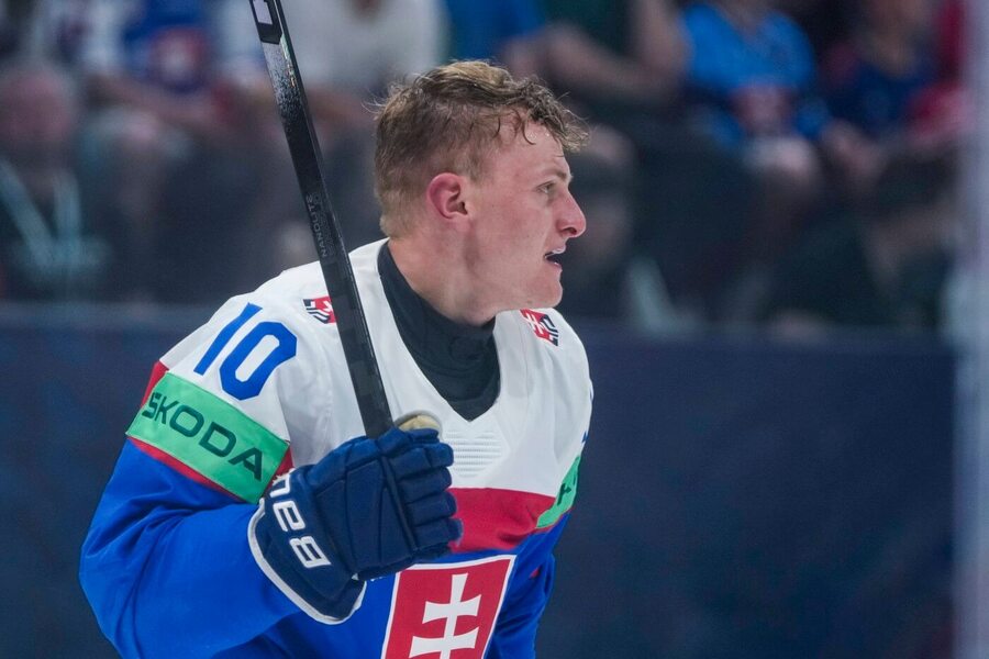 Slovenský útočník Adam Sýkora, fotka ze zápasu Slovensko vs. Kanada na MS v&nbsp;hokeji 2026