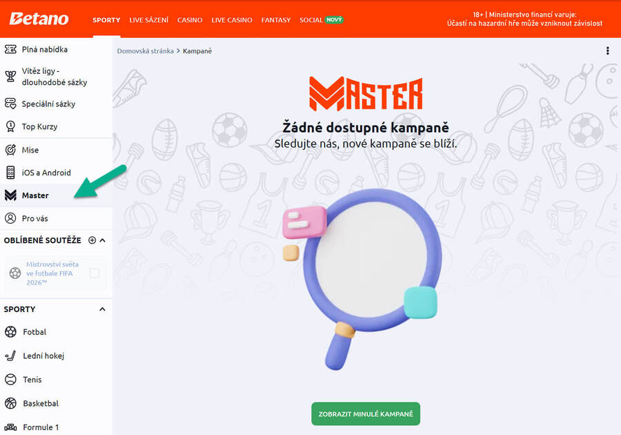 Betano Master naleznete v&nbsp;hlavním menu Betana