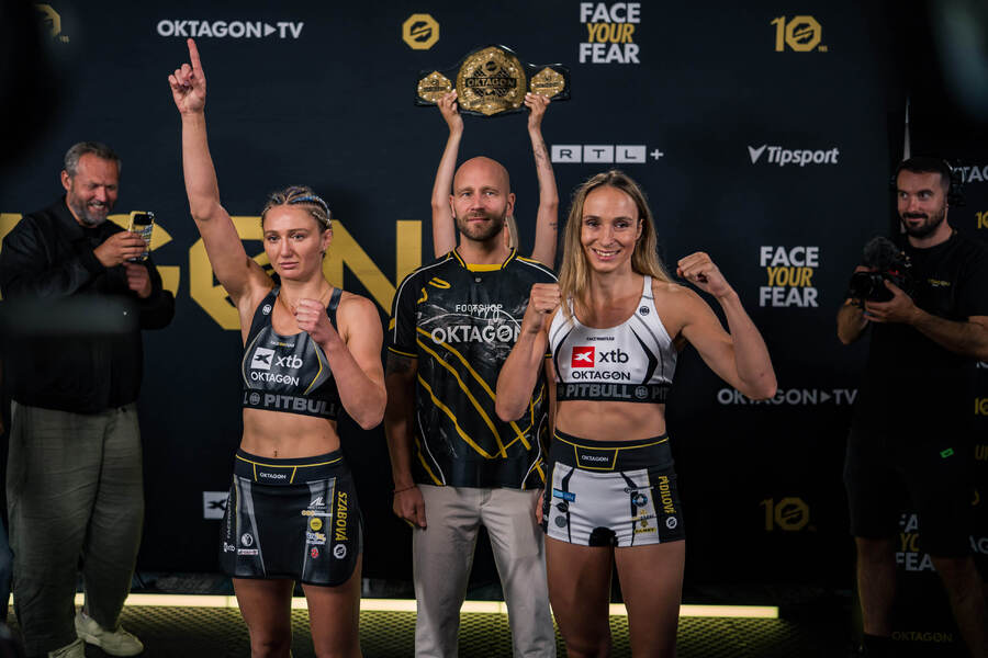 Lucia Szabová a&nbsp;Lucie Pudilová na oficiálním vážení před turnajem Oktagon 92