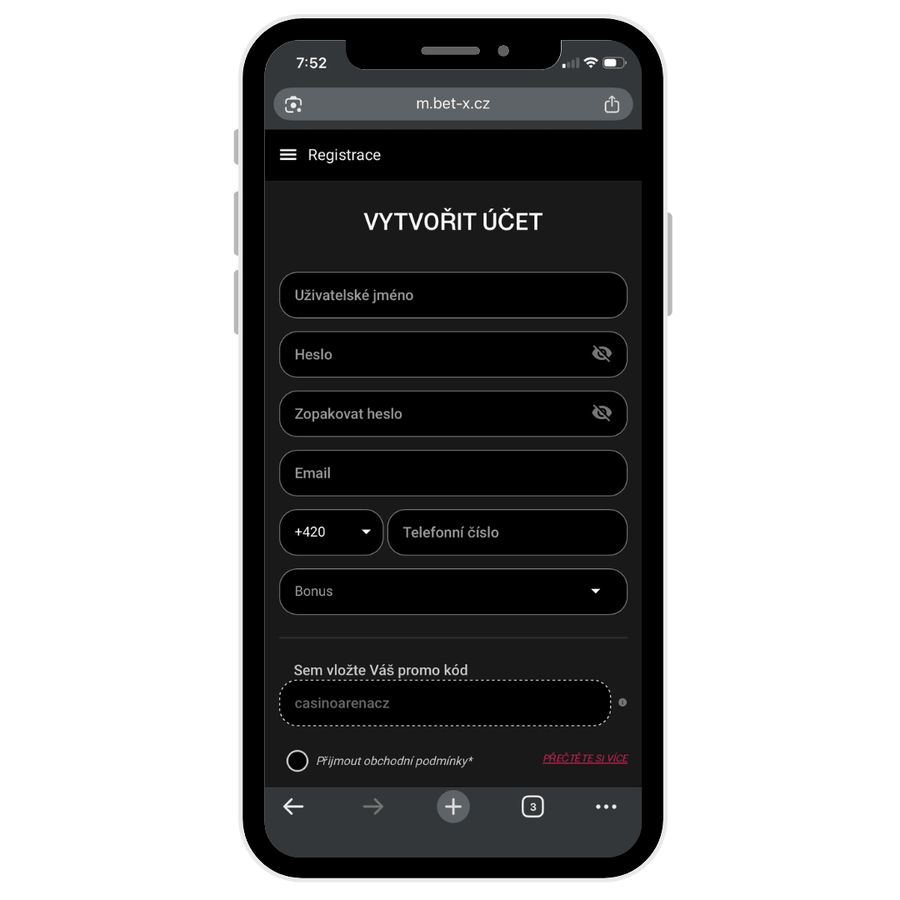 Formulář pro registraci u&nbsp;BetX