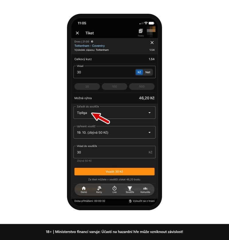 Tiket u&nbsp;Tipsportu se vybranou soutěží Tipcup