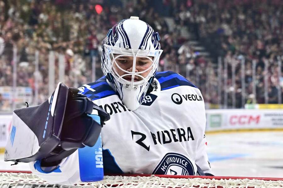 Brankář Vítkovic Dominik Hrachovina v&nbsp;extraligovém zápase se Spartou Praha