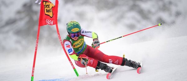 Julia Scheib ve vítězném obřím slalomu na SP v alpském lyžování v rakouském Söldenu (2025)